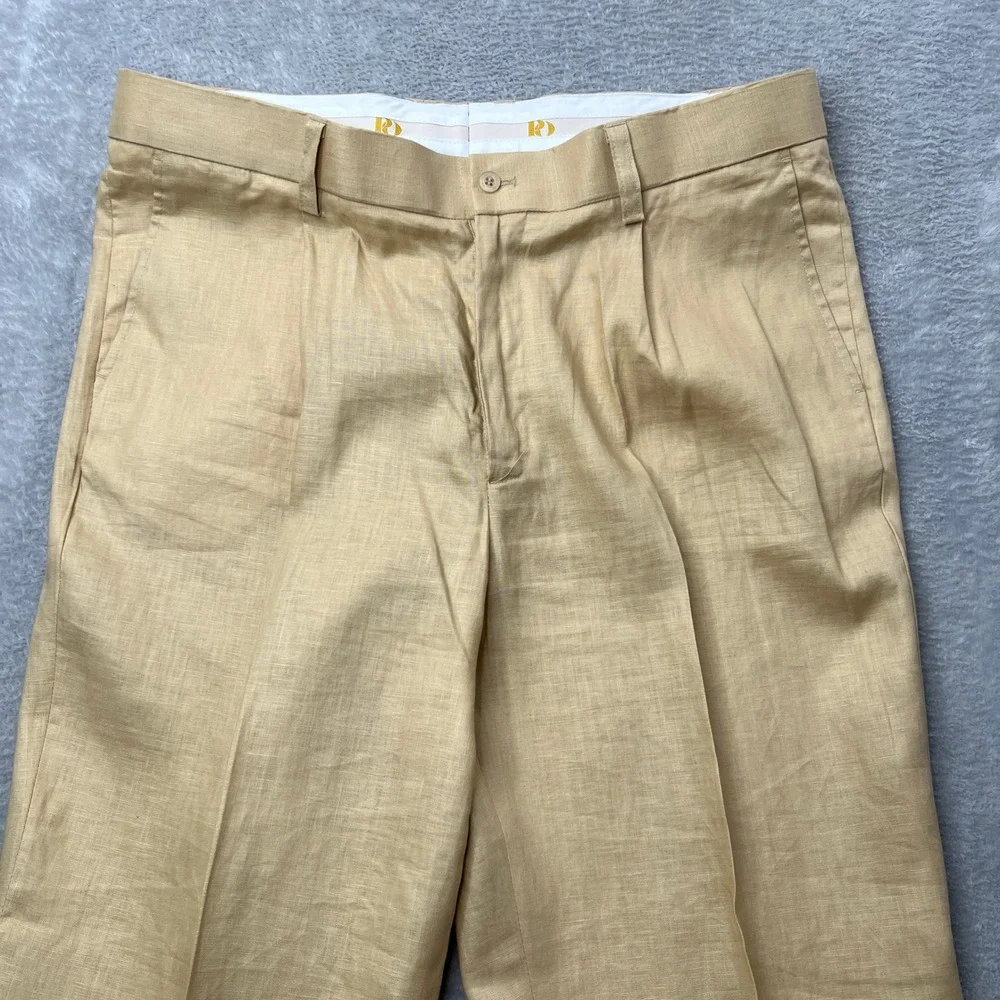Prestige Original Mens Tan Linen Pants Pleated‎ Straight Leg Trousers 38x32